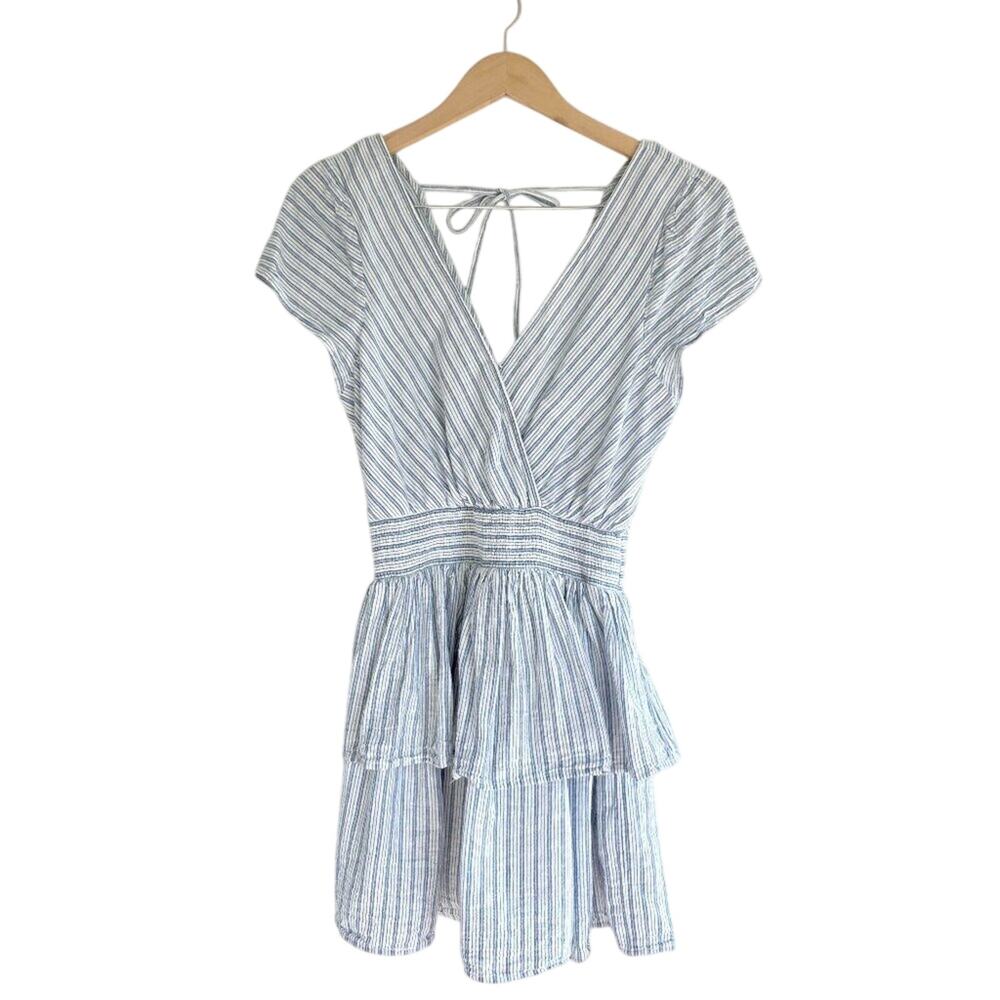 American Eagle Blue Striped Wrap V Neck Tiered Fit Flare Mini Dress Size Medium